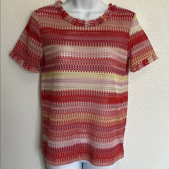 Zara Womens Top Red Yellow Striped Short Sleeve Open Knit Ruffle Trim Size Small - Picture 1 of 11